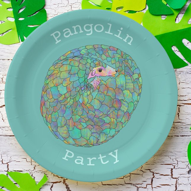 Pangolin Party Endangered Animal Activism Green Paper Plates (Cute pangolin party paper plate colorful wild animal art endangered species )