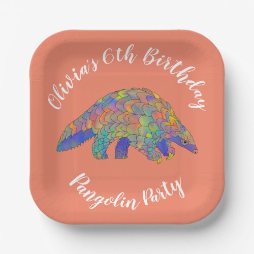 Pangolin Party Girls 6th Birthday Coral Add Name Paper Plates