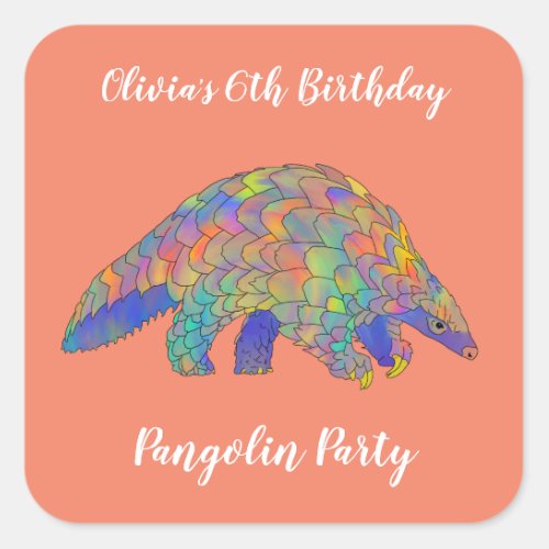 Pangolin Party Girls 6th Birthday Coral Add Name  Square Sticker