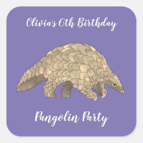 Pangolin Party Girls 6th Birthday Purple Add Name  Square Sticker