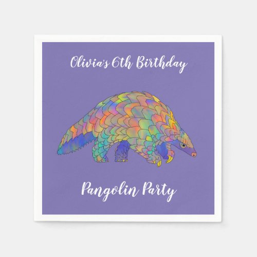 Pangolin Party Girls 6th Birthday Purple Colorful  Napkins