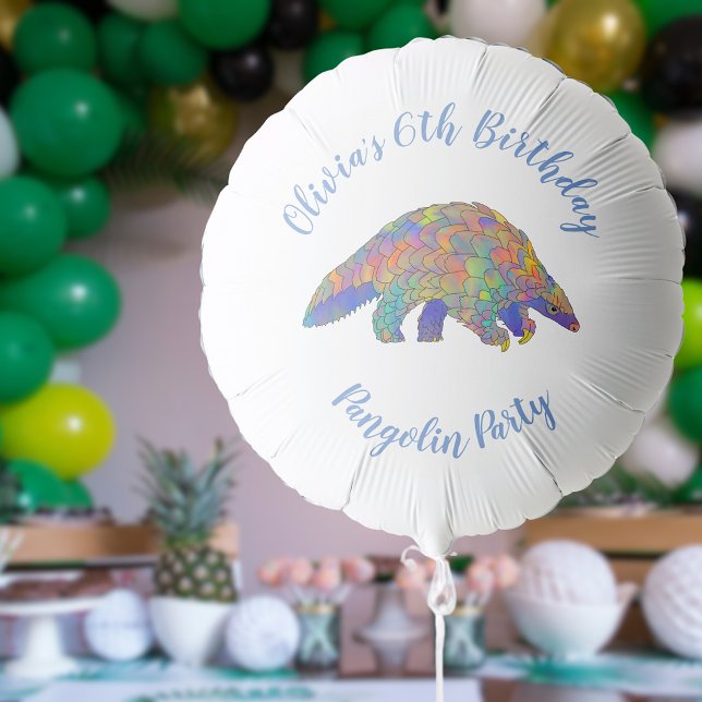 Pangolin Party Kids 6th Birthday Blue Add Name Balloon (Cute pangolin 6th birthday party custom balloon)