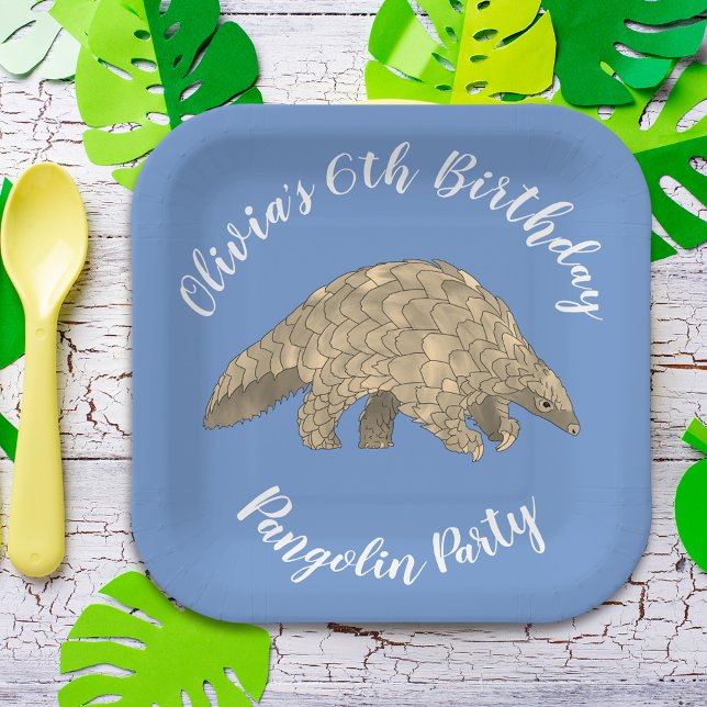 Pangolin Party Kids 6th Birthday Blue Add Name Paper Plates (Cute pangolin 6th birthday party custom blue paper plate)