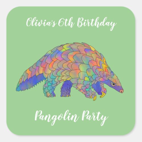 Pangolin Party Kids 6th Birthday Green Add Name Square Sticker