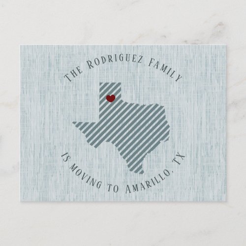 Panhandle Blue Linen and Heart Texas Moving Announcement Postcard