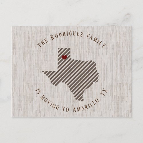 Panhandle Brown Linen and Heart Texas Moving Announcement Postcard