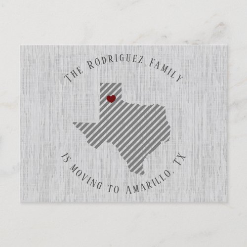 Panhandle Gray Linen and Heart Texas Moving Announcement Postcard