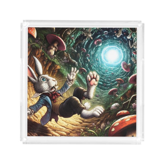 Panicked Bunny Falling Down The Rabbit Hole Acrylic Tray (Front)
