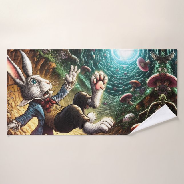 Panicked Bunny Falling Down The Rabbit Hole Bath Towel (Bath Towel)