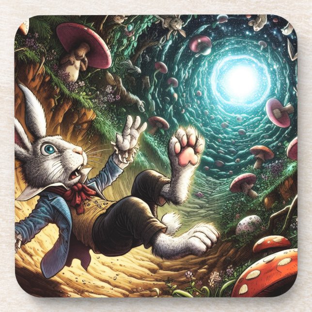 Panicked Bunny Falling Down The Rabbit Hole Beverage Coaster (Front)