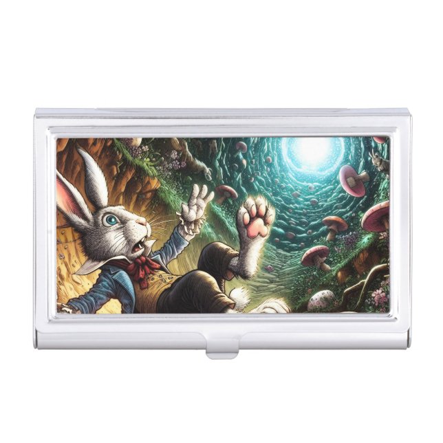 Panicked Bunny Falling Down The Rabbit Hole Business Card Case (Front)