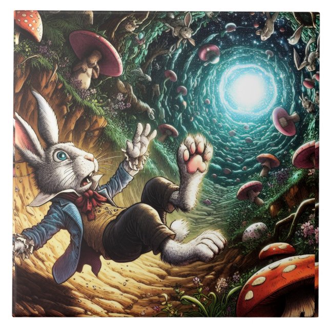 Panicked Bunny Falling Down The Rabbit Hole Ceramic Tile (Front)