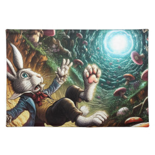 Panicked Bunny Falling Down The Rabbit Hole Cloth Placemat