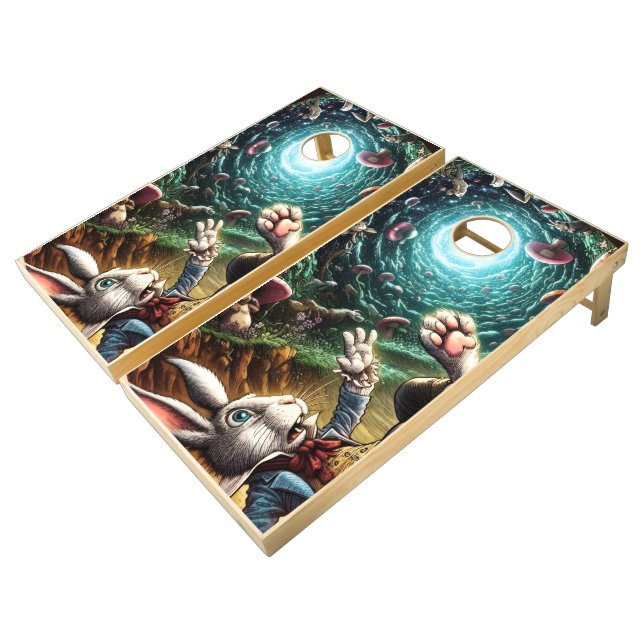 Panicked Bunny Falling Down The Rabbit Hole Cornhole Set (Angled)