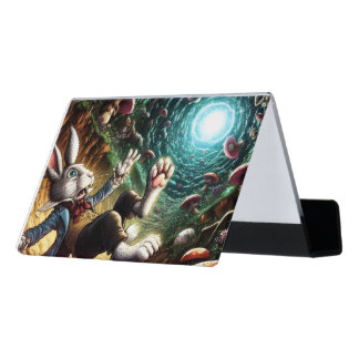 Panicked Bunny Falling Down The Rabbit Hole Desk Business Card Holder