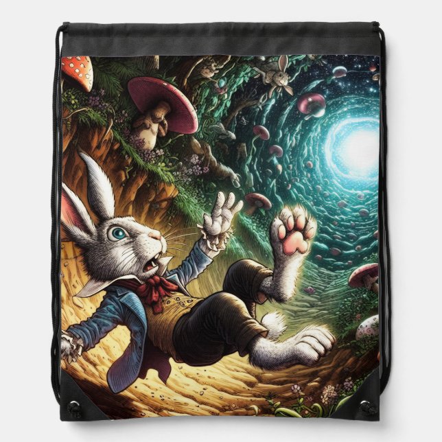 Panicked Bunny Falling Down The Rabbit Hole Drawstring Bag (Front)