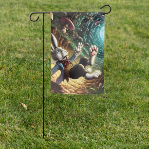 Panicked Bunny Falling Down The Rabbit Hole Garden Flag