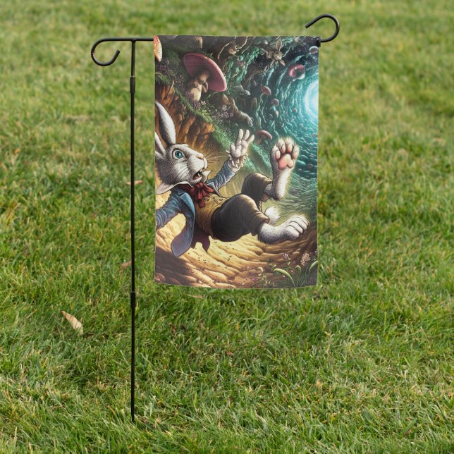 Panicked Bunny Falling Down The Rabbit Hole Garden Flag (In SItu)