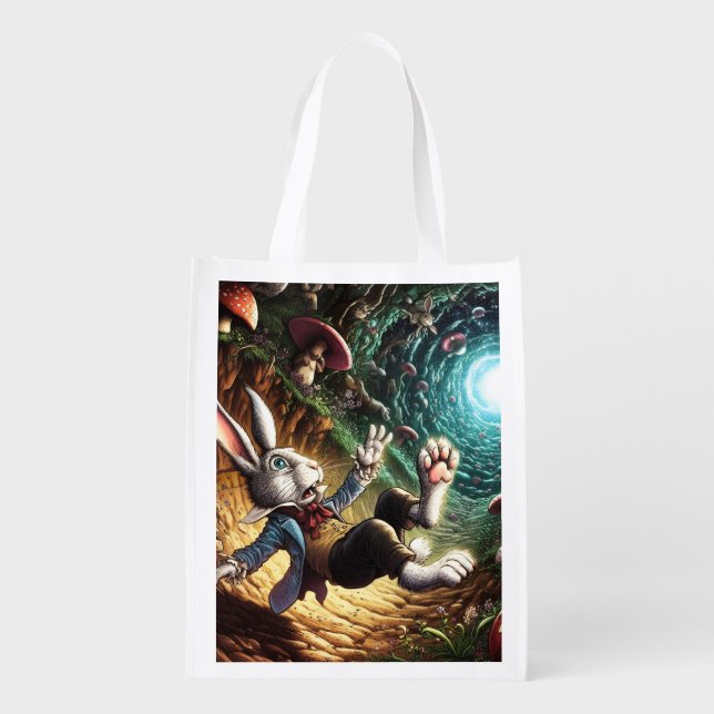Panicked Bunny Falling Down The Rabbit Hole Grocery Bag (Back)