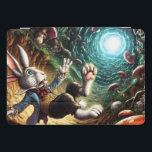 Panicked Bunny Falling Down The Rabbit Hole iPad Pro Cover<br><div class="desc">Fantasy design of a white rabbit falling into the collective swirling at the bottom of a funky fantasy encased rabbit hole. I thought of all the times this happens to me and just had to put something together as a warning for above the computer so I might think twice before...</div>