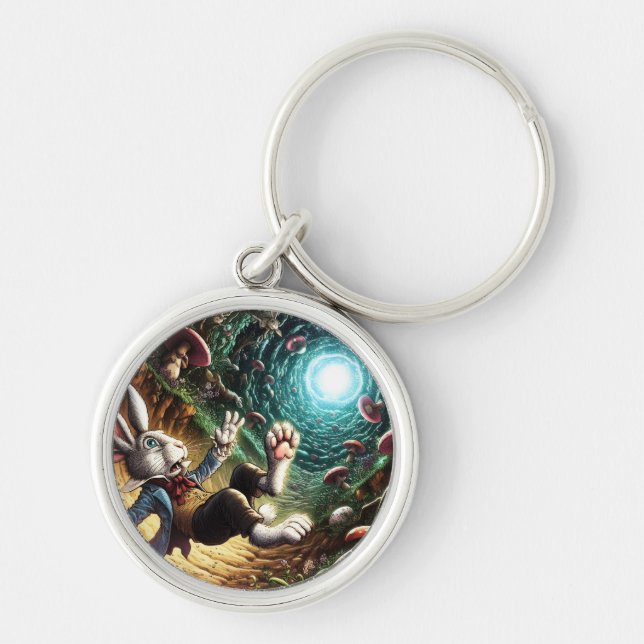 Panicked Bunny Falling Down The Rabbit Hole Keychain (Front)