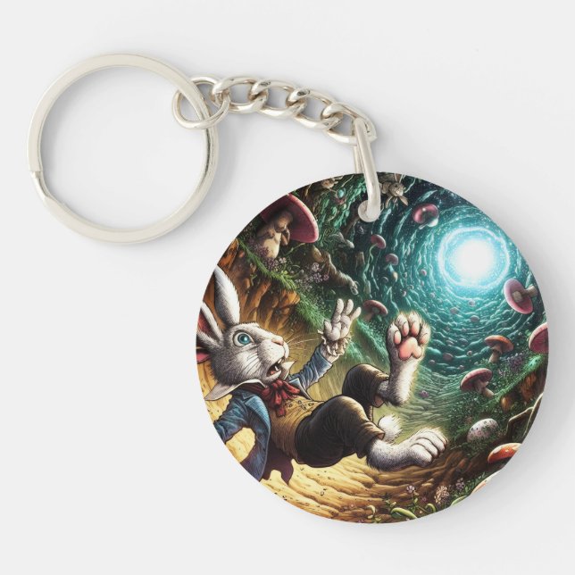 Panicked Bunny Falling Down The Rabbit Hole Keychain (Front)