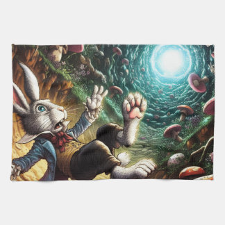 Panicked Bunny Falling Down The Rabbit Hole Kitchen Towel