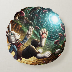 Panicked Bunny Falling Down The Rabbit Hole Round Pillow