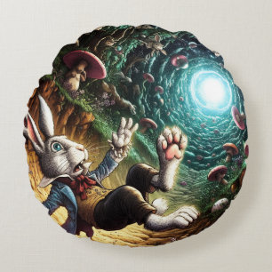 Panicked Bunny Falling Down The Rabbit Hole Round Pillow
