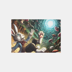 Panicked Bunny Falling Down The Rabbit Hole Rug