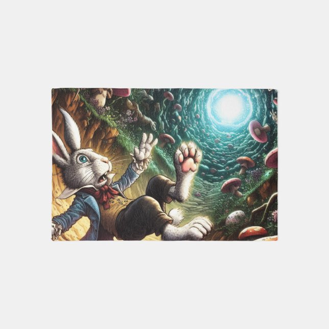 Panicked Bunny Falling Down The Rabbit Hole Rug (Front)