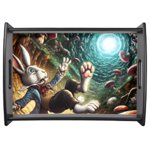Panicked Bunny Falling Down The Rabbit Hole Serving Tray