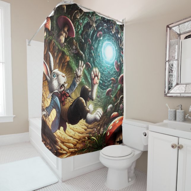 Panicked Bunny Falling Down The Rabbit Hole Shower Curtain (In Situ)