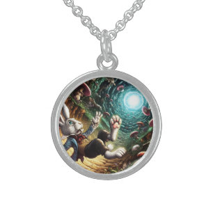 Panicked Bunny Falling Down The Rabbit Hole Sterling Silver Necklace