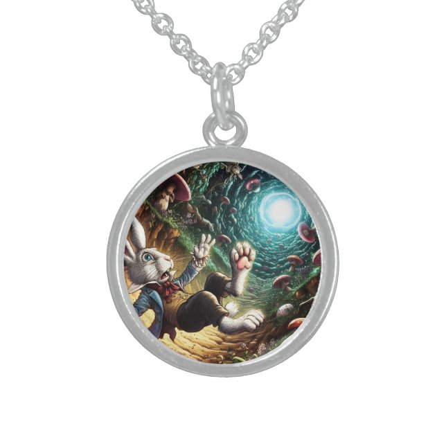 Panicked Bunny Falling Down The Rabbit Hole Sterling Silver Necklace (Front)