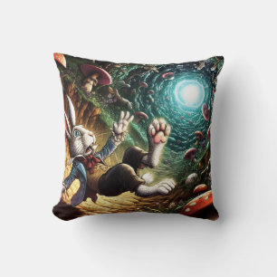 Panicked Bunny Falling Down The Rabbit Hole Throw Pillow