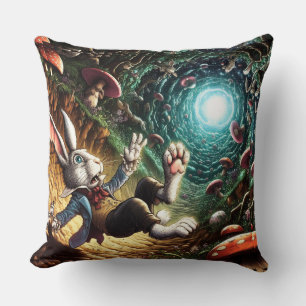 Panicked Bunny Falling Down The Rabbit Hole Throw Pillow