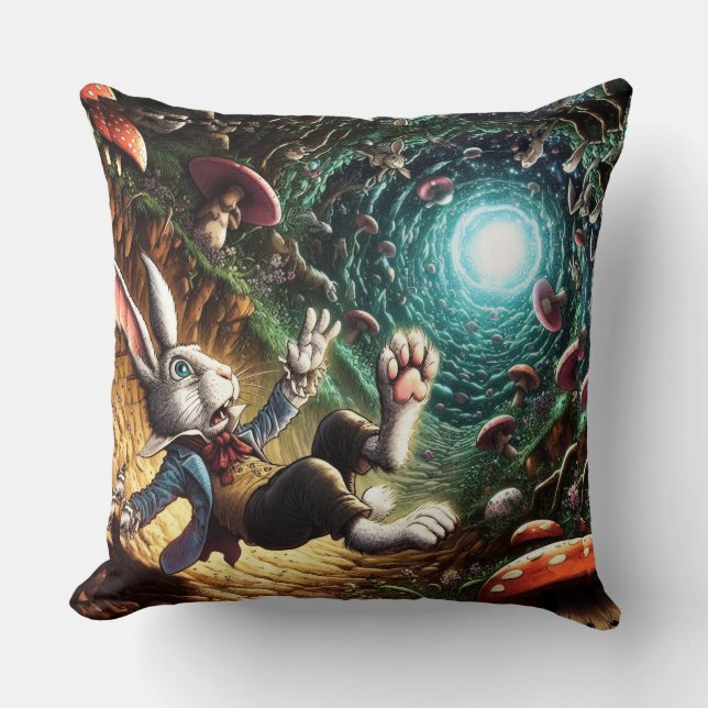 Panicked Bunny Falling Down The Rabbit Hole Throw Pillow (Front)