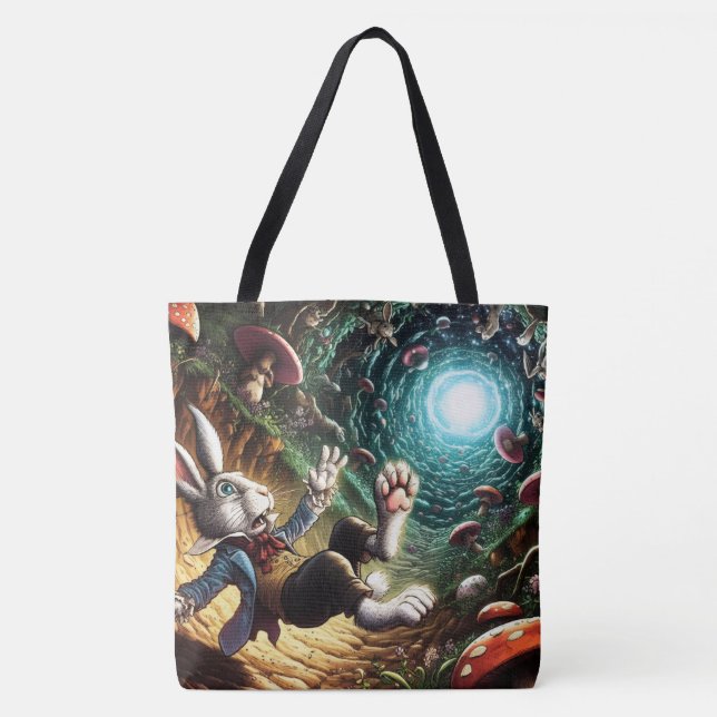 Panicked Bunny Falling Down The Rabbit Hole Tote Bag (Front)