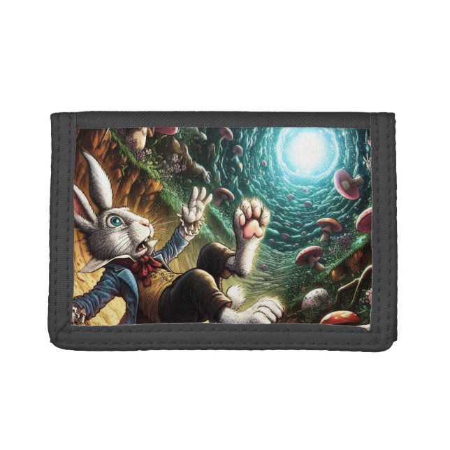 Panicked Bunny Falling Down The Rabbit Hole Trifold Wallet (Front)