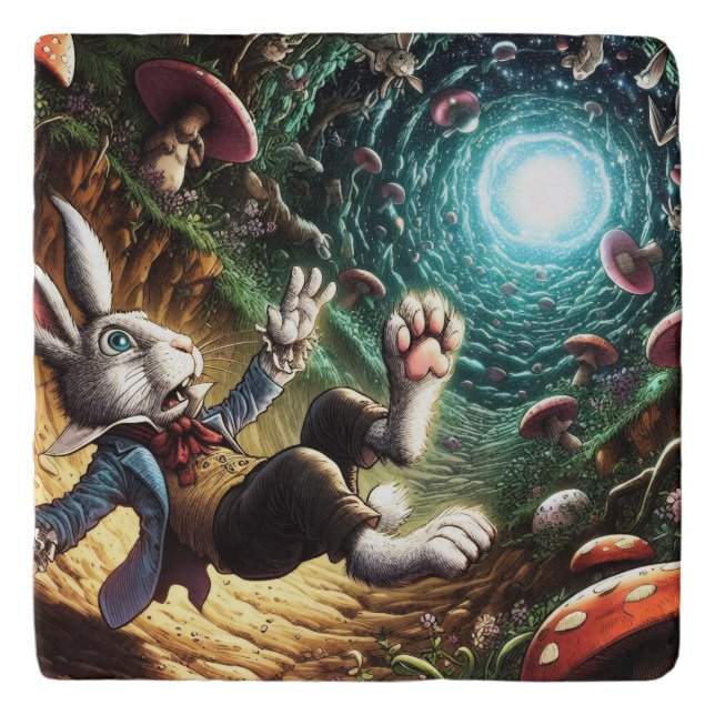 Panicked Bunny Falling Down The Rabbit Hole Trivet (Front)