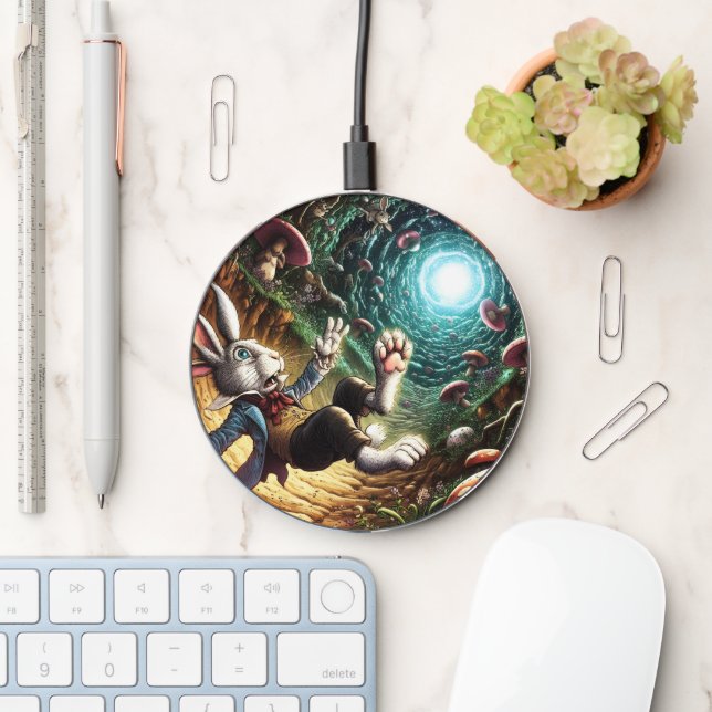 Panicked Bunny Falling Down The Rabbit Hole Wireless Charger (Desk)