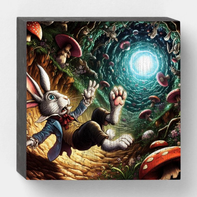 Panicked Bunny Falling Down The Rabbit Hole Wooden Box Sign (Front Horizontal)