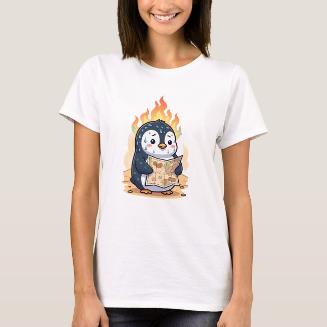 Panicked Cartoon Penguin Holding Map with Fire T-Shirt (Front)