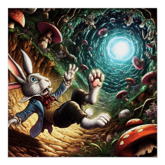 Panicked Rabbit Falling Down The Rabbit Hole Poster (Front)