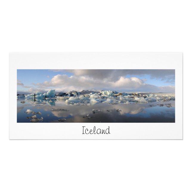 Panorama card with iceberg lake and text: Iceland (Front)