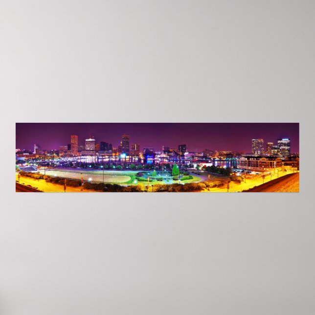 Panorama of Baltimore's Inner Harbor Night Skyline Poster (Front)