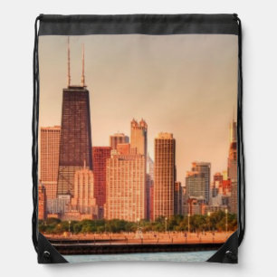 Panorama of Chicago skyline at sunrise Drawstring Bag