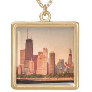 Panorama of Chicago skyline at sunrise Gold Plated Necklace