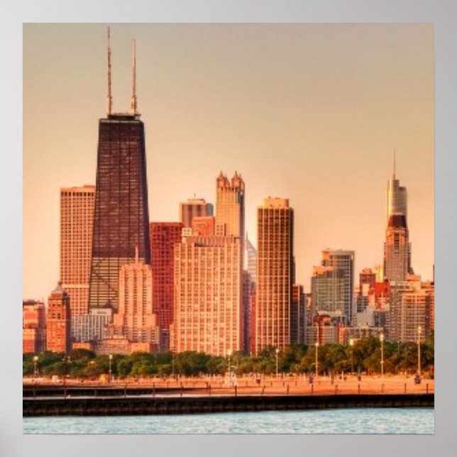 Panorama of Chicago skyline at sunrise Poster (Front)